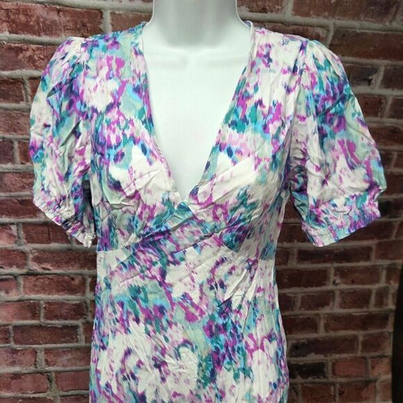 A New Day Blue Floral Midi Dress XXL Deep V Neck Short Sleeve Crepe Lightweight - Picture 7 of 8